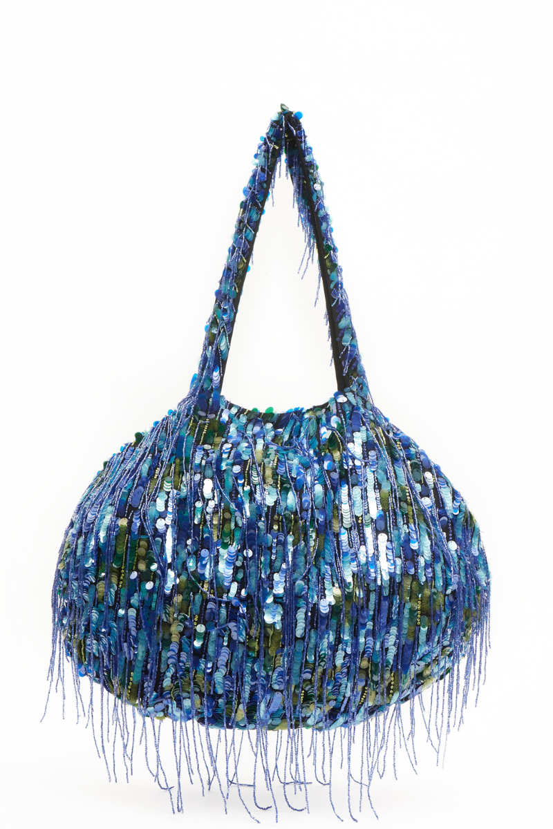 Blue Zari shoulder bag by Onalaja with intricate embroidery and a stylish design, perfect for casual or formal occasions.