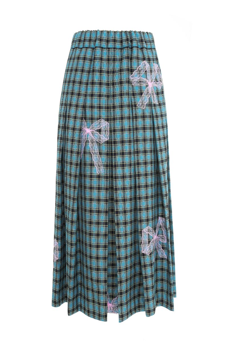 Gvasalia teal and pink checkered pleated midi skirt with bow ties, featuring a stylish, flowy design and modern fashion details.
