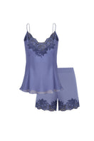 Bocan Couture Luna Silk Lilac pajama cami and shorts set, soft silk fabric, lavender color, comfortable sleepwear ensemble.