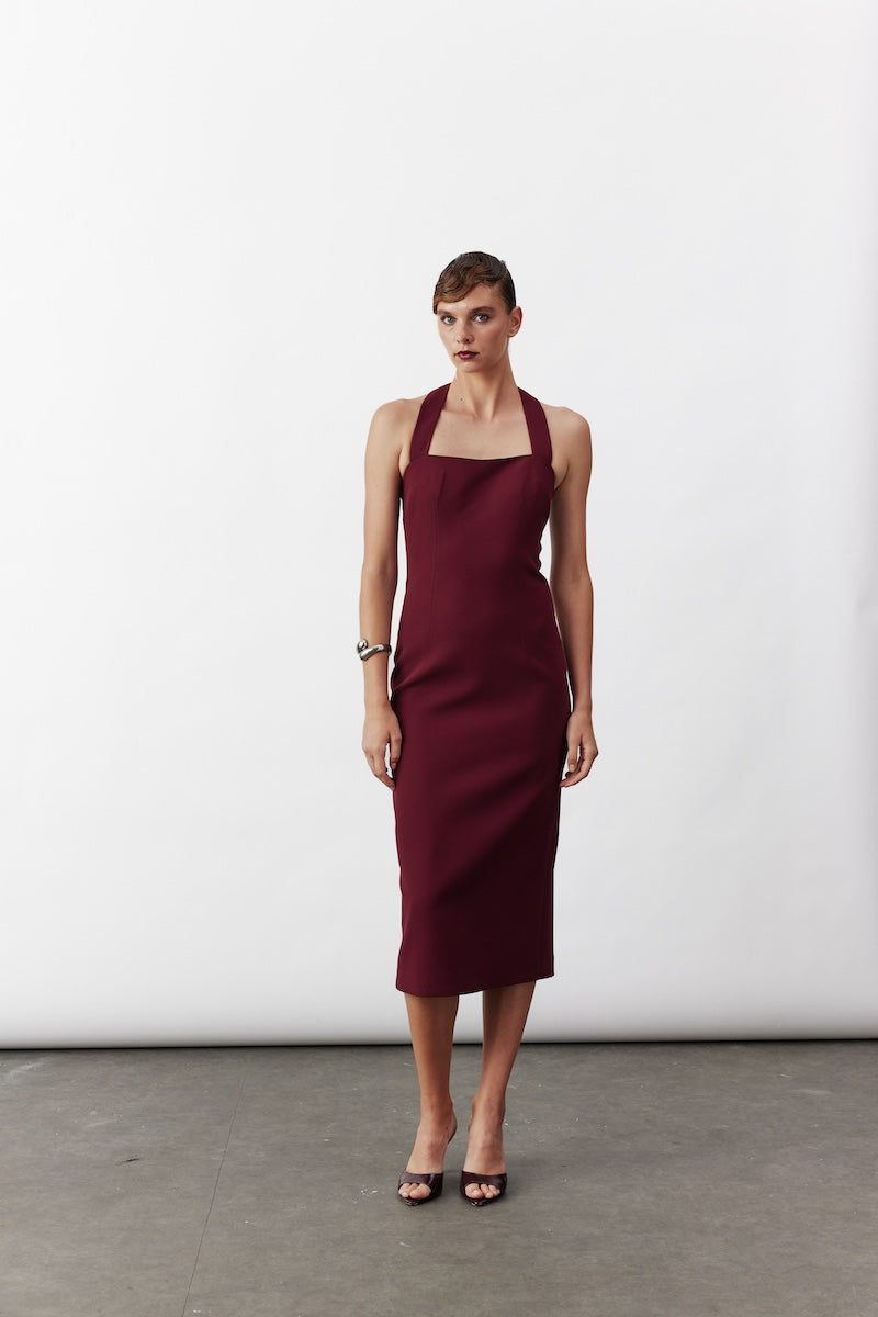 bordeaux cocktail dress Alina Cernatescu Draped Midi Cocktail Dress