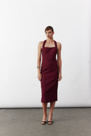 Nazlı Ceren Margaux crepe midi dress in Bordeaux color, featuring a stylish, flowing design perfect for elegant occasions.
