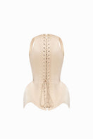 Beige satin corset with lacing from Balykina, showcasing smooth fabric and intricate lace-up front design.