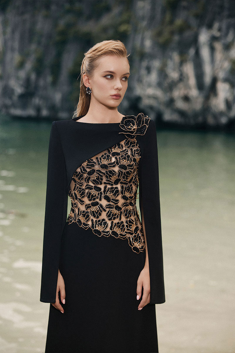 VELVET SATIN BOAT NECK DRESS IN BLACK VELVET SATIN BOAT NECK DRESS IN BLACK