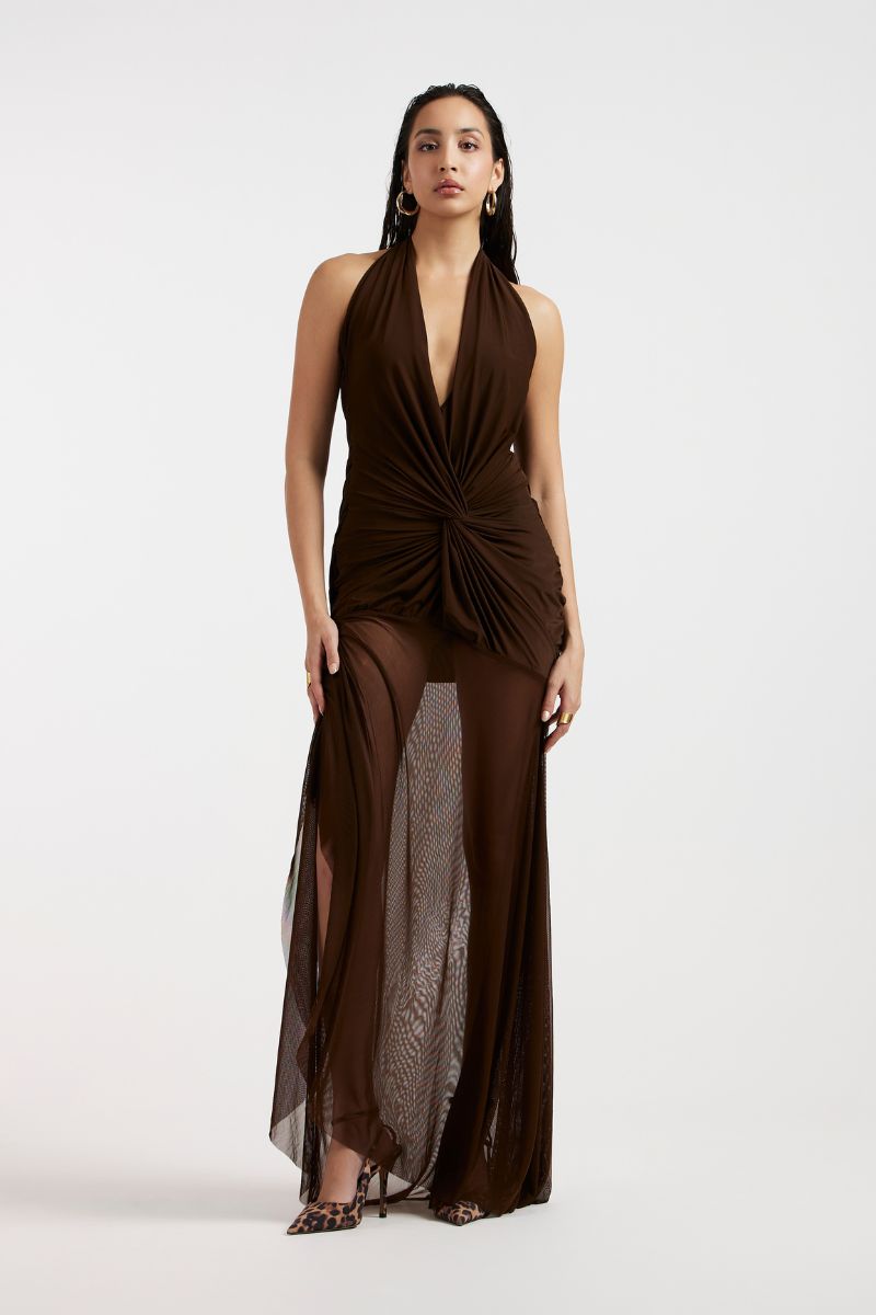 Deme by Gabriella Tess draped brown maxi dress with flowing fabric and elegant design, perfect for stylish occasions.
