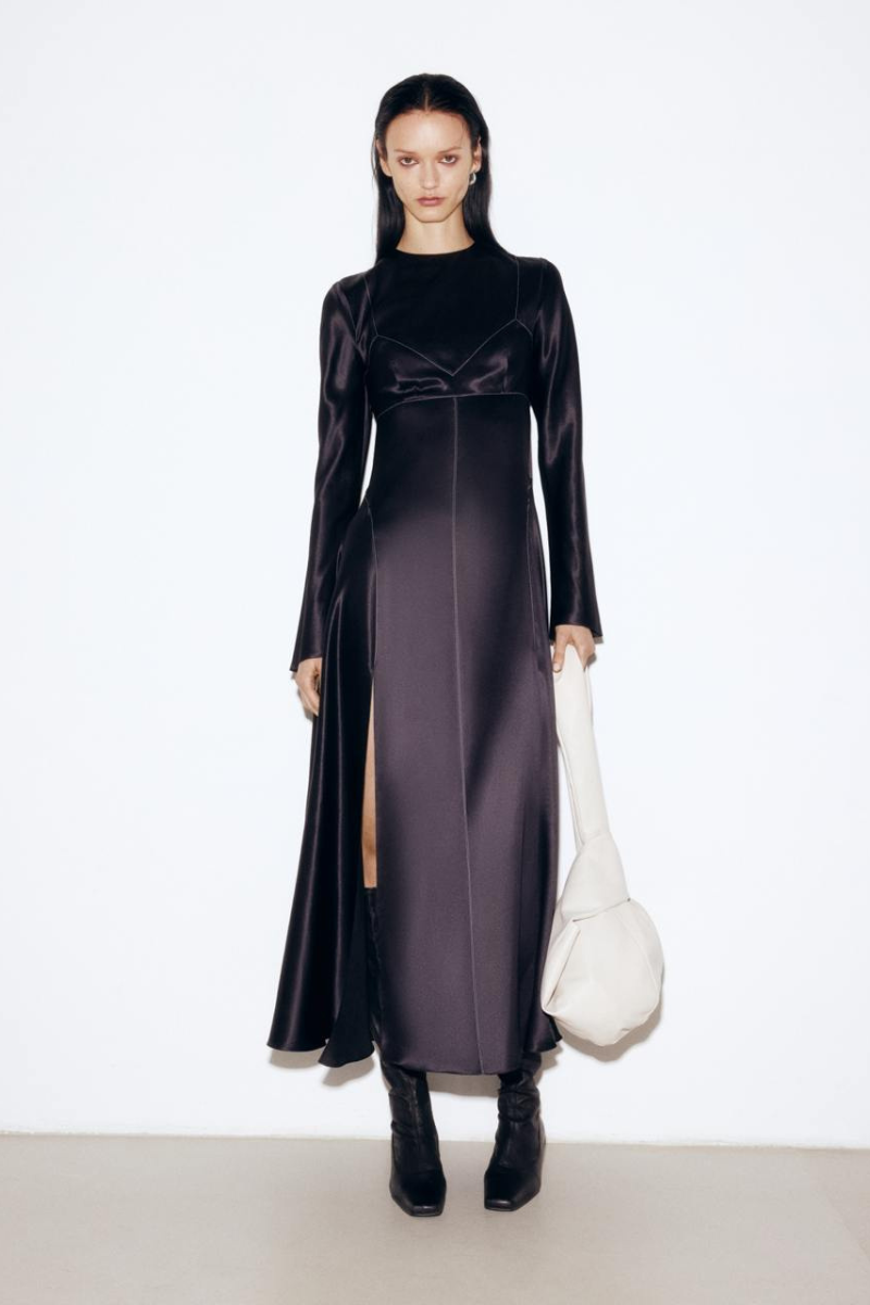 BLACK SILK MIDI DRESS WITH WHITE STITCH DETAIL - CULT MIA