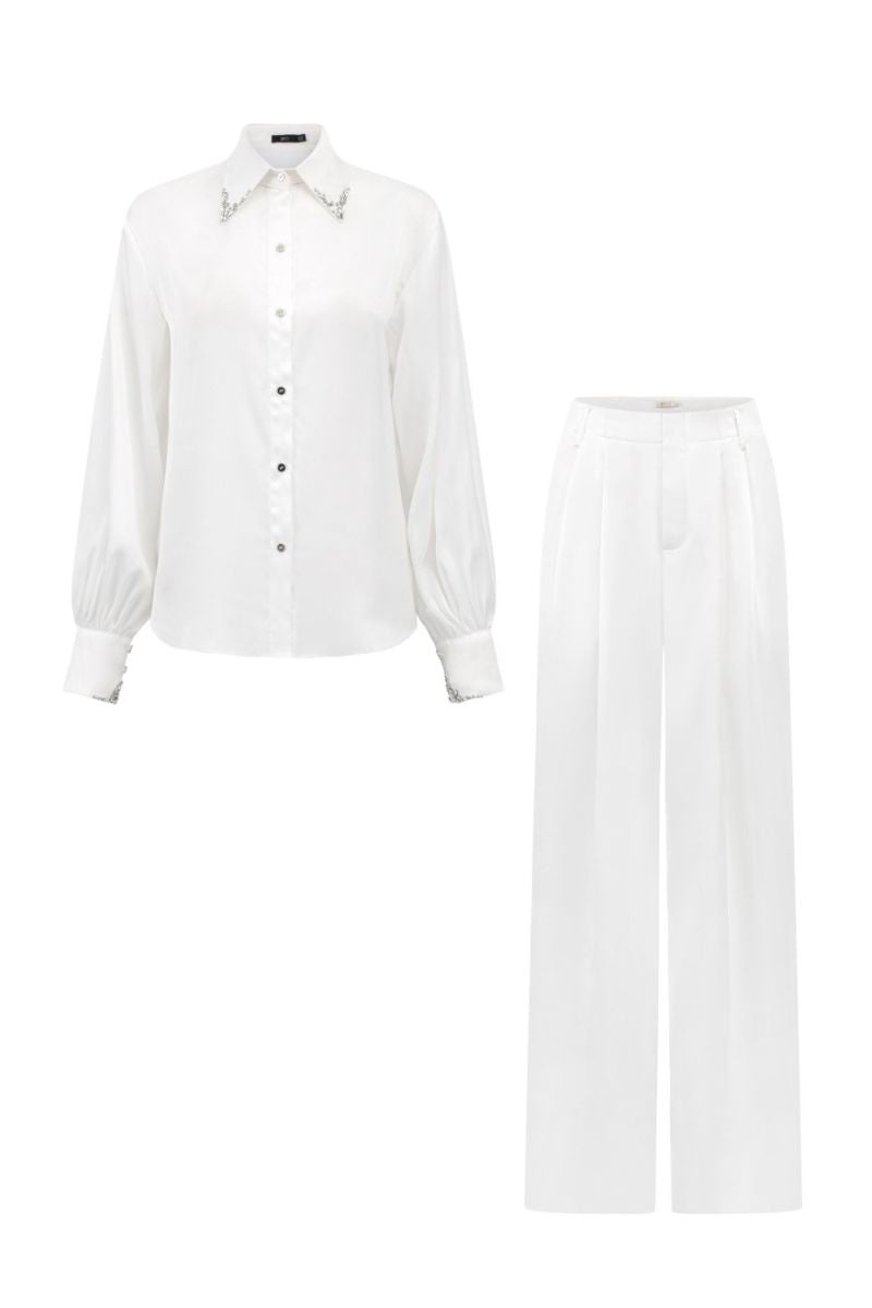 White silk satin co-ords set with crystal details from FARAH by 21Six, featuring a stylish shirt and matching pants.