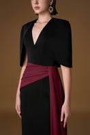 Elegant black and Bordeaux crepe silk lined gown by I.H.F, featuring a flowing silhouette and intricate detailing.