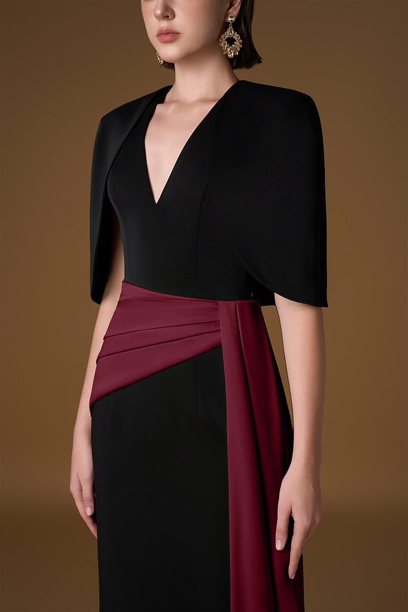 Elegant black and Bordeaux crepe silk lined gown by I.H.F, featuring a flowing silhouette and intricate detailing.