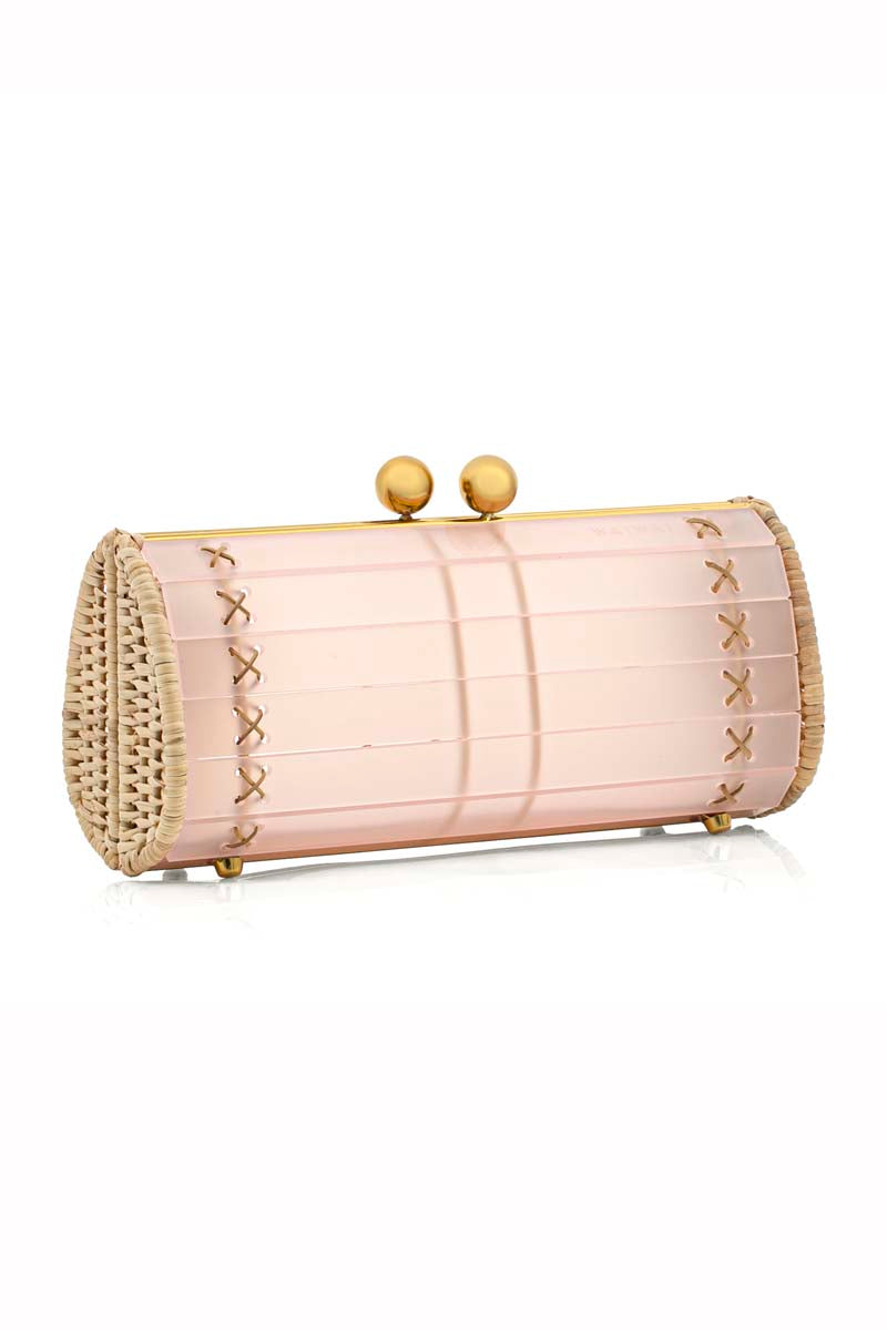 Pink Waiwai Rio BaoBa clutch bag with sleek design and compact size, perfect for stylish evening accessories.