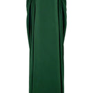 Valenciani green silk gown with drawstring shoulder detail, elegant flowing design, perfect for formal occasions.