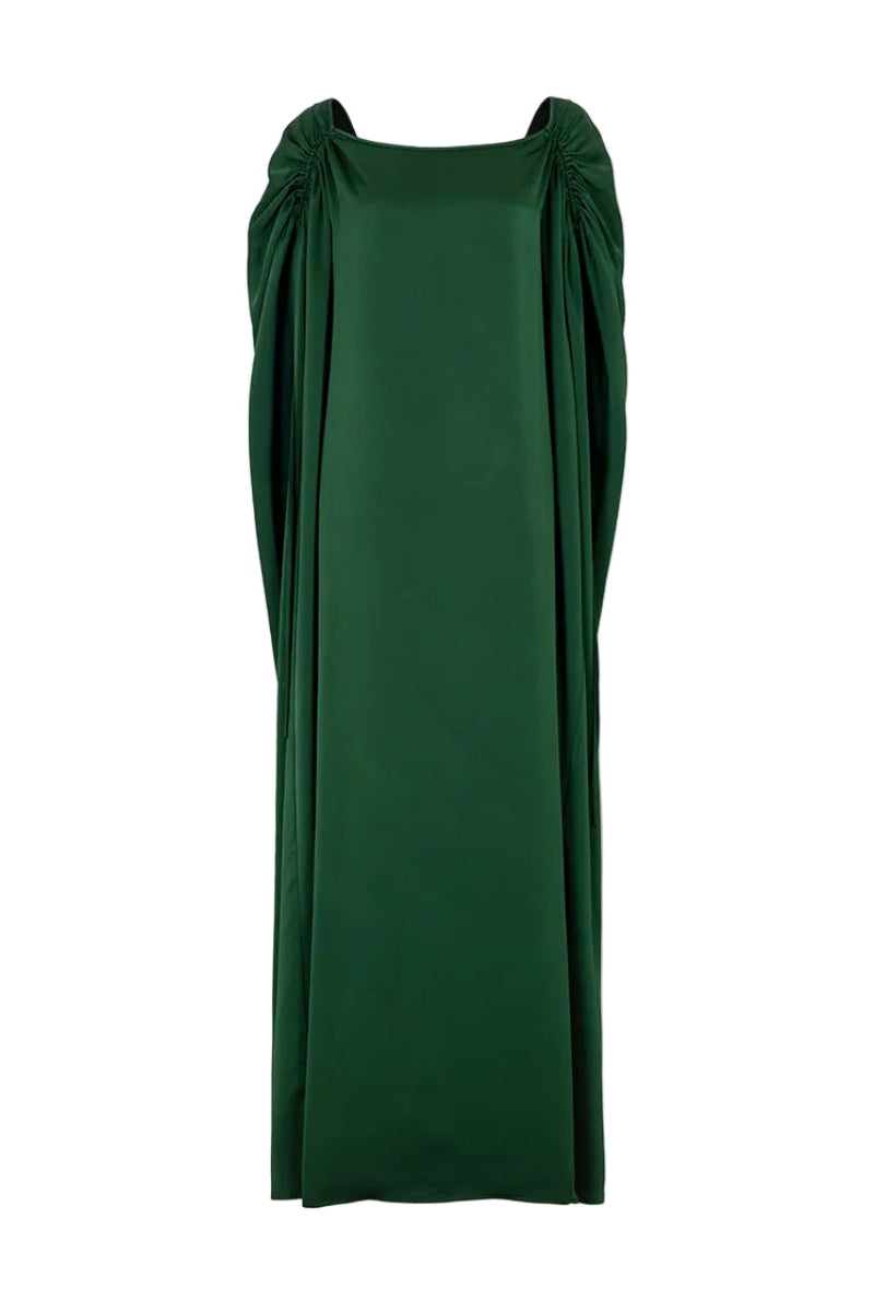 Valenciani green silk gown with drawstring shoulder design, flowing and elegant for formal occasions.