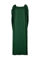 Valenciani green silk gown with drawstring shoulder detail, elegant flowing design, perfect for formal occasions.
