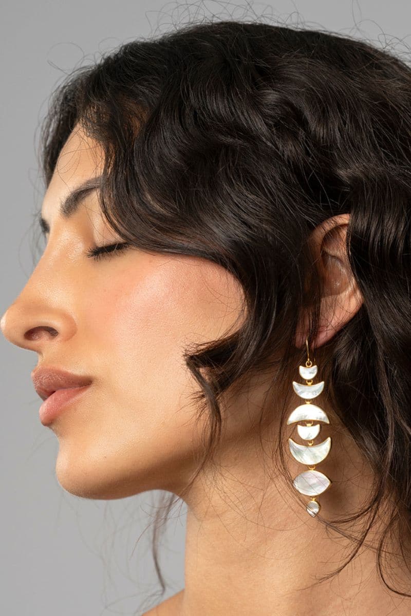 Gold moon drop earrings by Freya Rose featuring intricate design and elegant dangling style for a sophisticated look.