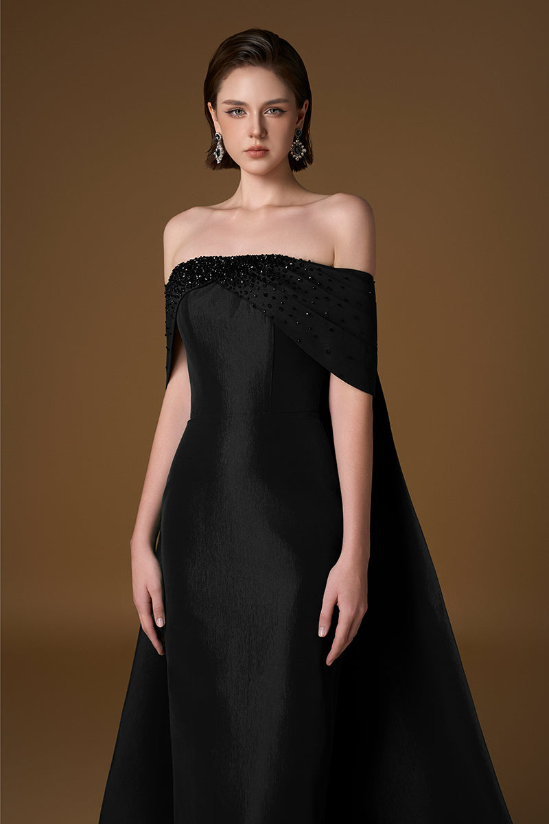 Black strapless taffeta silk-lined gown by I.H.F, featuring a smooth, elegant design and a fitted silhouette.