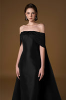 Black strapless taffeta silk-lined gown by I.H.F, featuring a fitted bodice and elegant floor-length design.