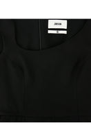 Black asymmetric-beck sleeveless jumpsuit by JINSUN, featuring a stylish design with unique shoulder details and a fitted silhouette.
