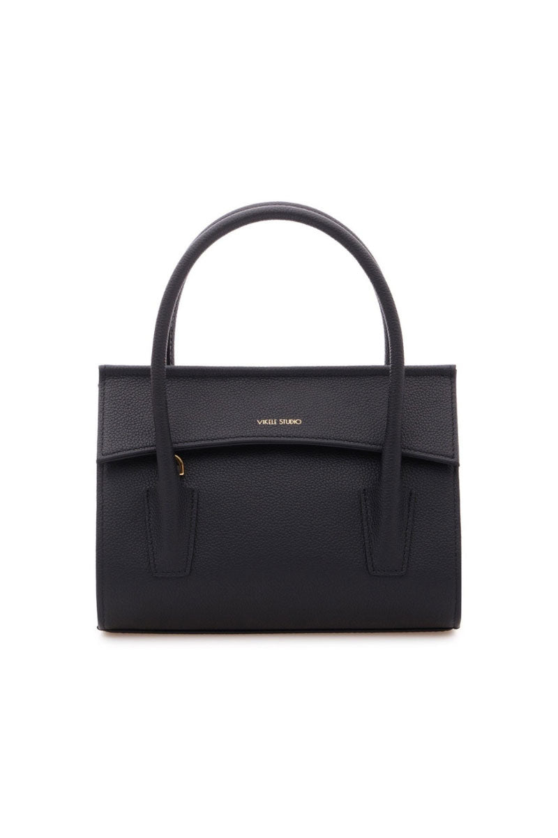 Black CELINE mini top handle bag by VIKELE STUDIO, showcasing its sleek design and structured silhouette with top handle details.