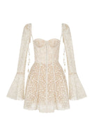 Beige Jaliyah mini dress by Montsand, featuring a stylish jali pattern, fitted silhouette, and short sleeves.