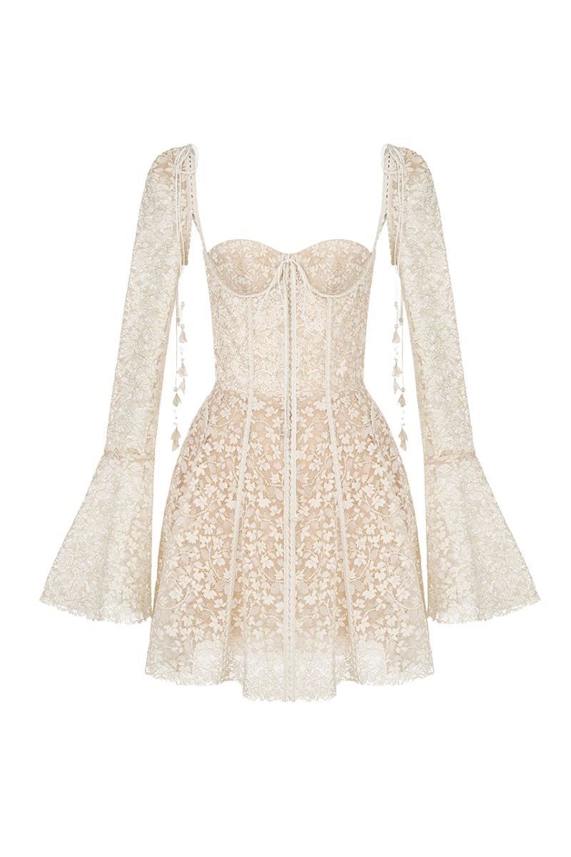 Beige Jaliyah mini dress by Montsand, featuring a stylish jali pattern, fitted silhouette, and short sleeves.