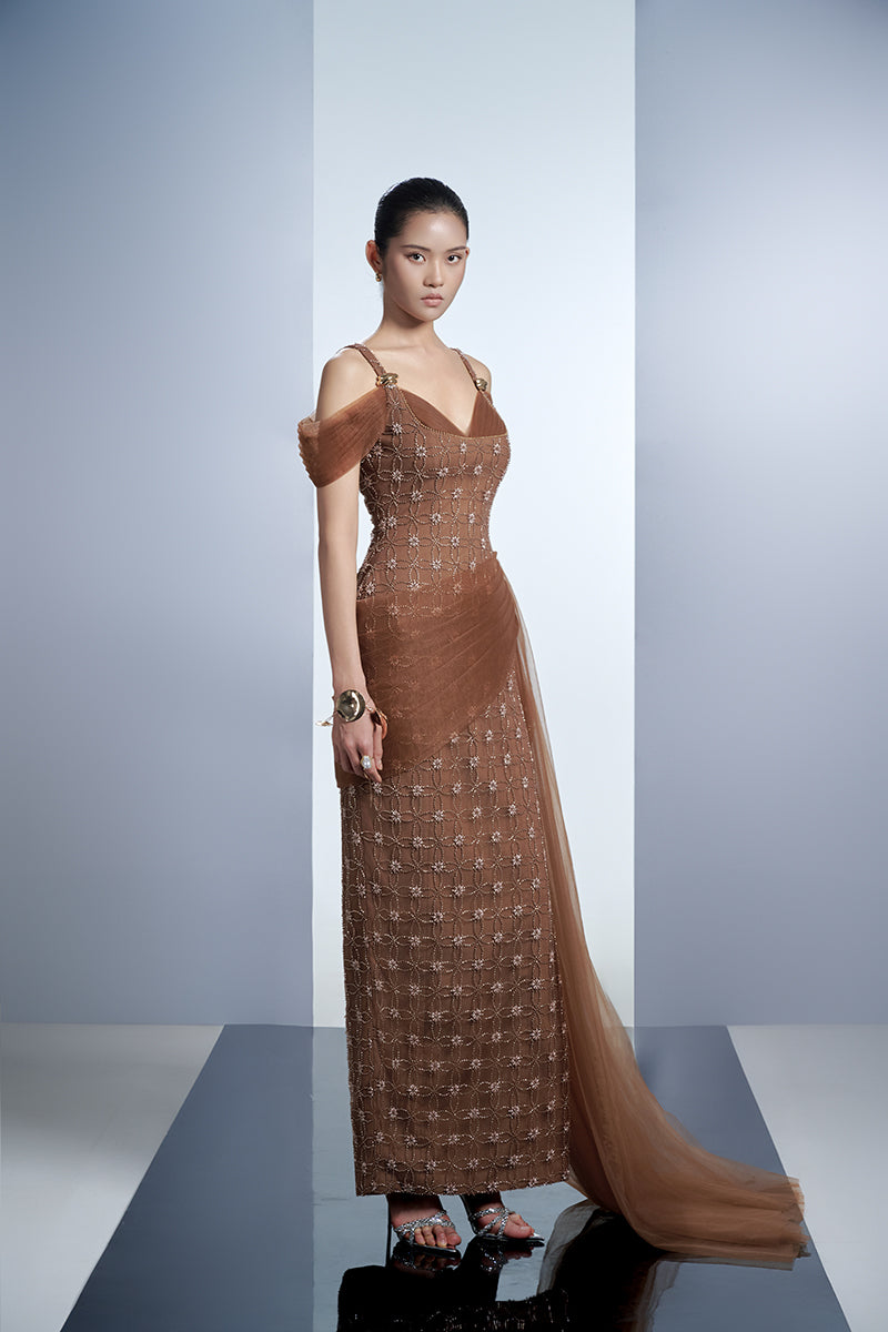 CRYSTAL MAXI DRESS IN BROWN - CULT MIA