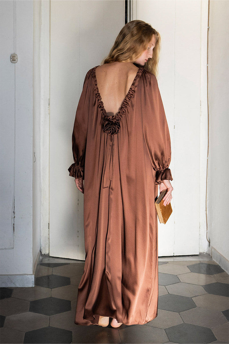SILK CUSTOM GOWN ROBE IN BROWN - CULT MIA
