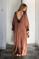 Brown silk custom gown robe from Not Just Pajama, featuring a smooth, luxurious fabric and a relaxed fit for elegant comfort.