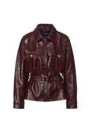 Nana Jacqueline Isabella leather jacket in claret color, stylish women's jacket with a sleek fit and smooth leather texture.