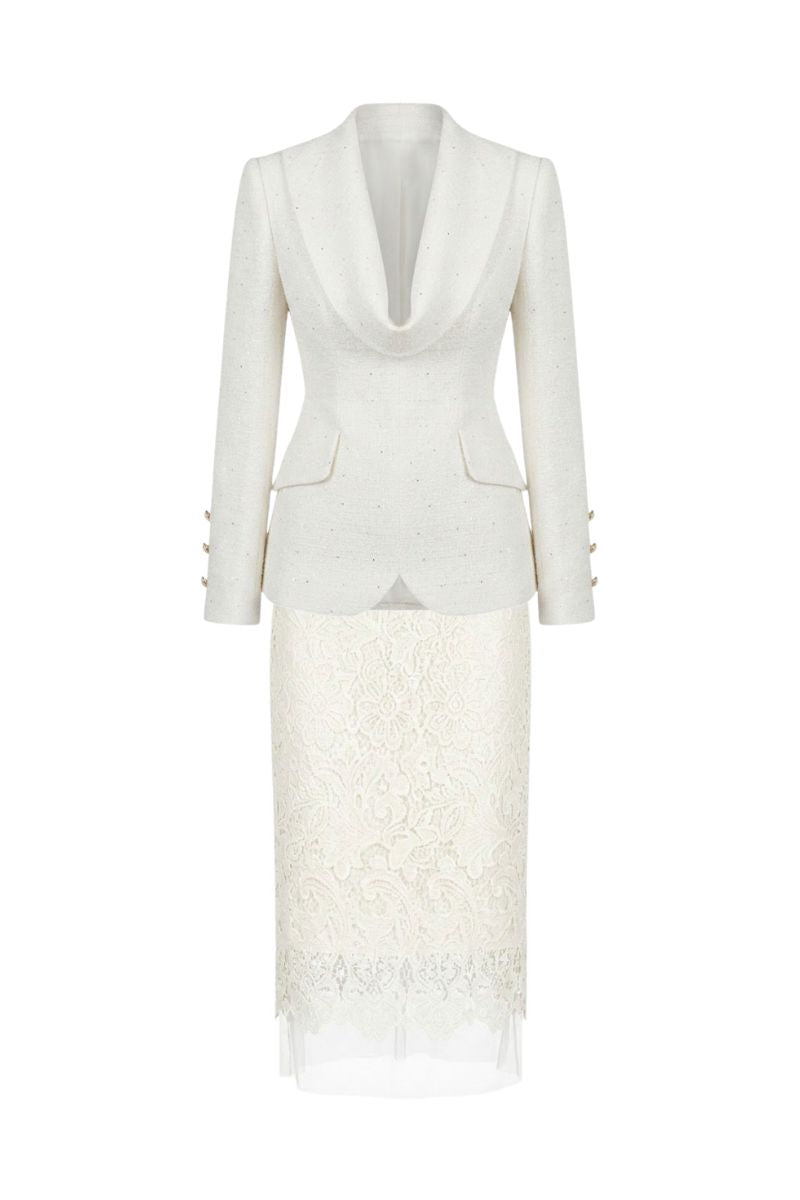 White Plan ivory lace co-ord set featuring a tailored blazer and matching high-waisted pants, stylish and elegant for sophisticated wear.