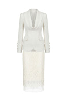 White Plan ivory lace co-ord set featuring a tailored blazer and matching pants, stylish and elegant for sophisticated looks.