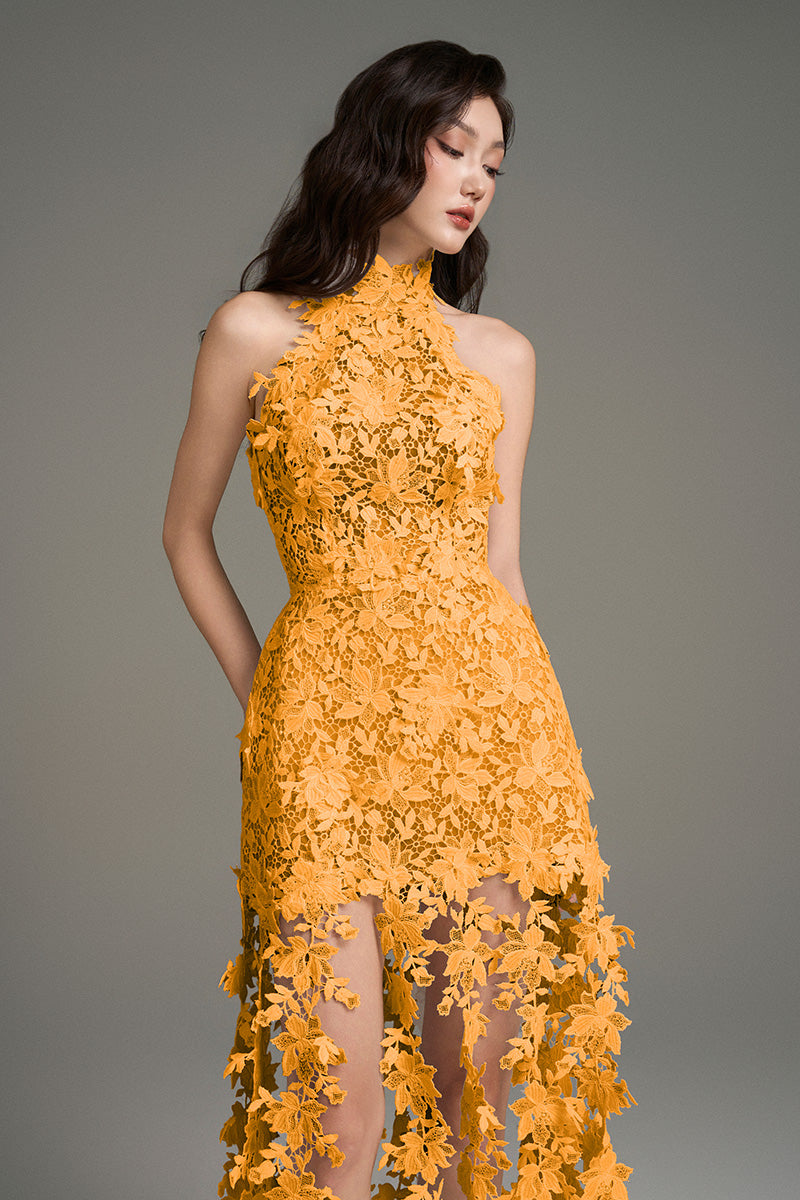 I.H.F Studio CULT MIA X floral vine orange lace maxi dress with intricate lace details and flowing fabric.