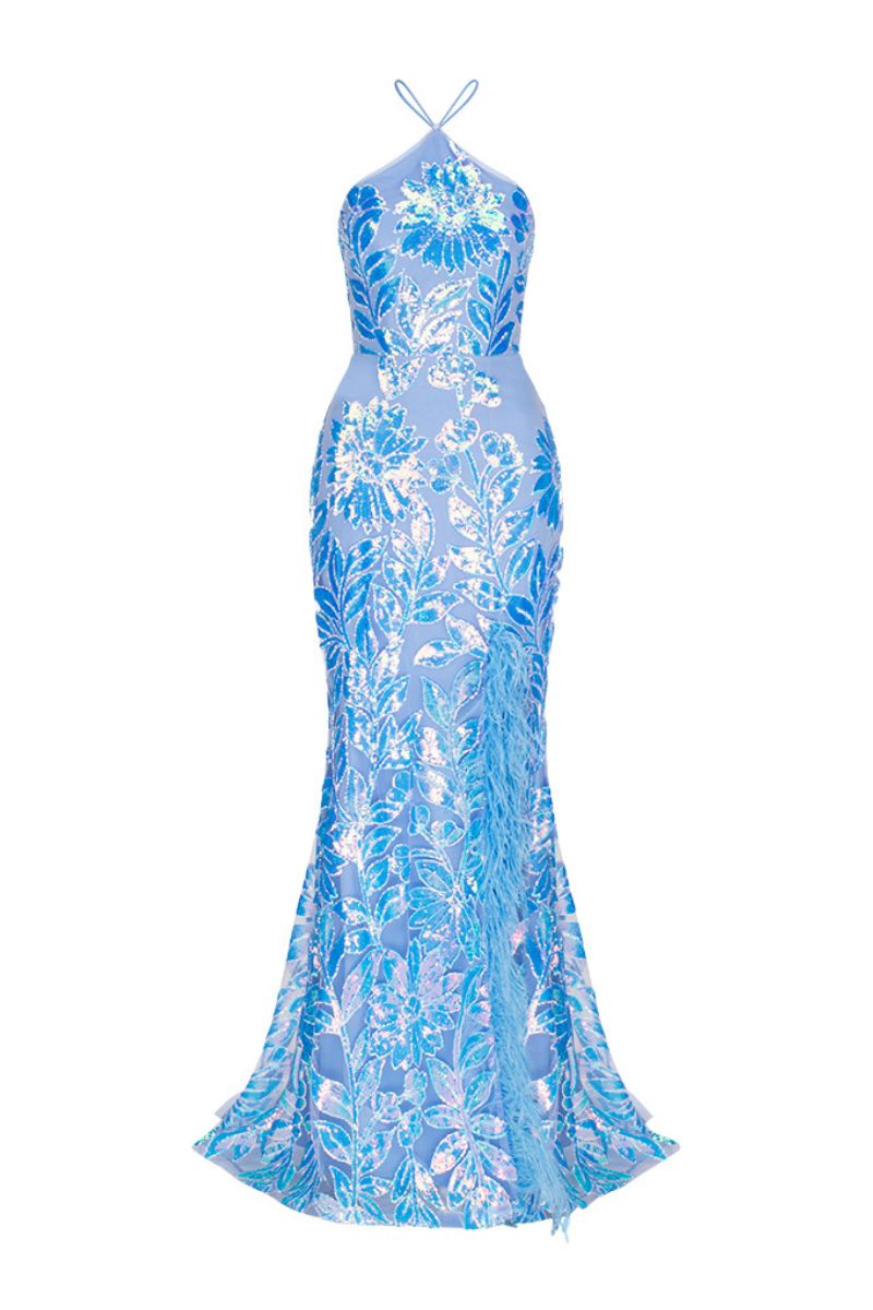 ATIRA FEATHERED GOWN IN IRRIDESCENT BLUE - CULT MIA