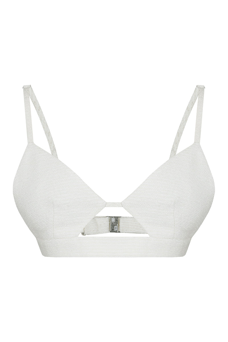 JINSUN ivory tweed Pappus appliqué bra top, stylish tops with textured fabric and decorative details, perfect for casual wear.