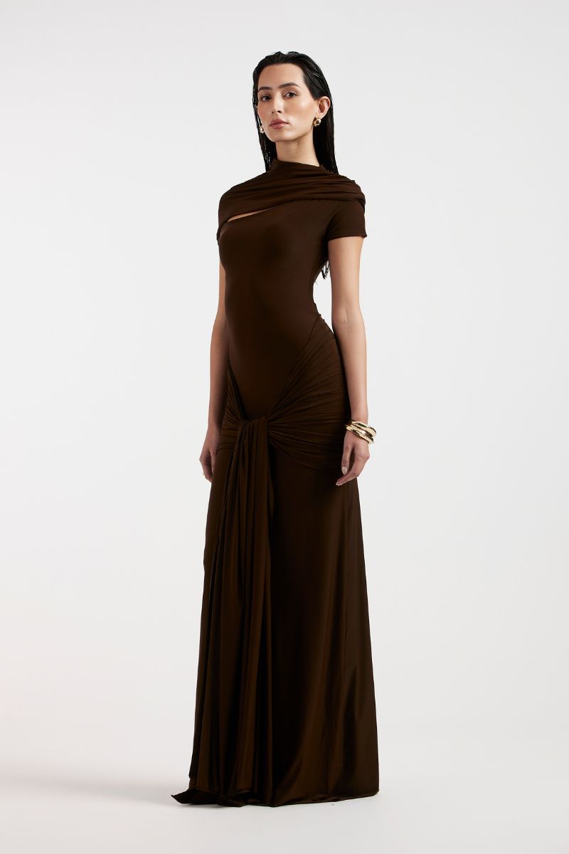 ZELIE BROWN JERSEY MAXI DRESS - CULT MIA