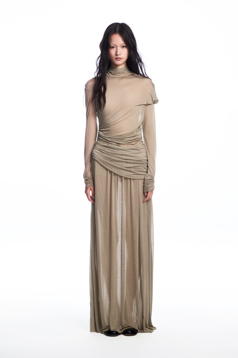 Chictopia draped jersey maxi dress in soft fabric with a flowing silhouette and elegant design, perfect for casual or formal wear.
