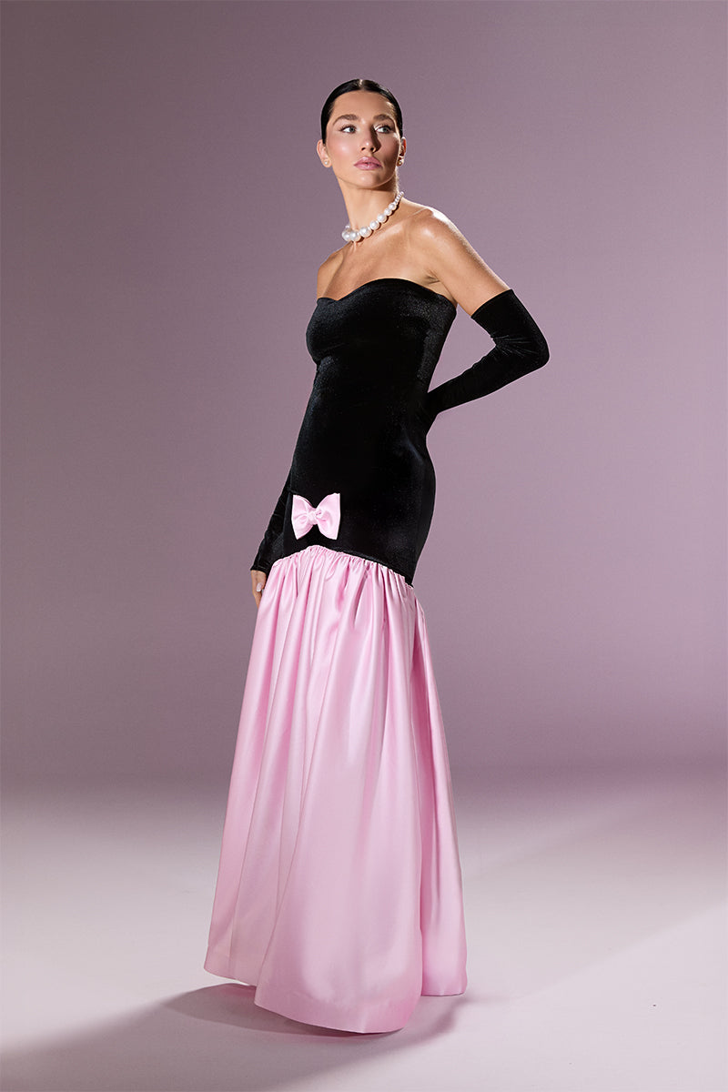 Nur Karaata Marcelline gown in elegant fabric, featuring detailed embroidery and a flowing silhouette perfect for formal occasions.