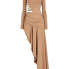 Khanum's Kasmina tan mini dress, sleeveless with a fitted silhouette and stylish neckline, displayed on a hanger.
