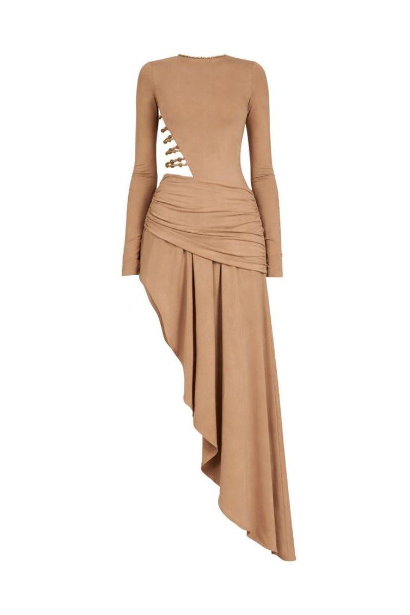 Khanum's Kasmina tan mini dress with a fitted silhouette and stylish neckline, perfect for casual or semi-formal occasions.