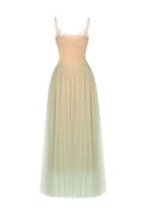 Montsand mint tulle gown featuring a corset-style bodice and flowing skirt, elegant and perfect for formal occasions.