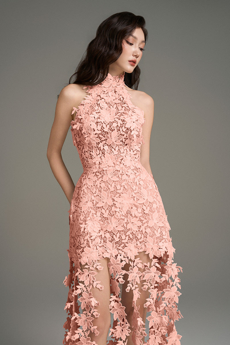 pink lace high neck dress ASOS DESIGN lace high neck mini dress with knotted skirt detail and ruffle sleeve in baby pink