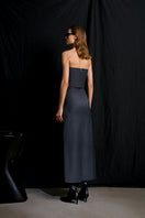 Gray striped Stardust pencil skirt by Acaria Studio, midi length, fitted design, showcased on a mannequin.