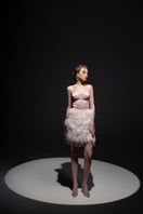 Baby pink Kiera taffeta feather blazer set by 21Six, featuring a stylish co-ord with feather details and tailored fit.