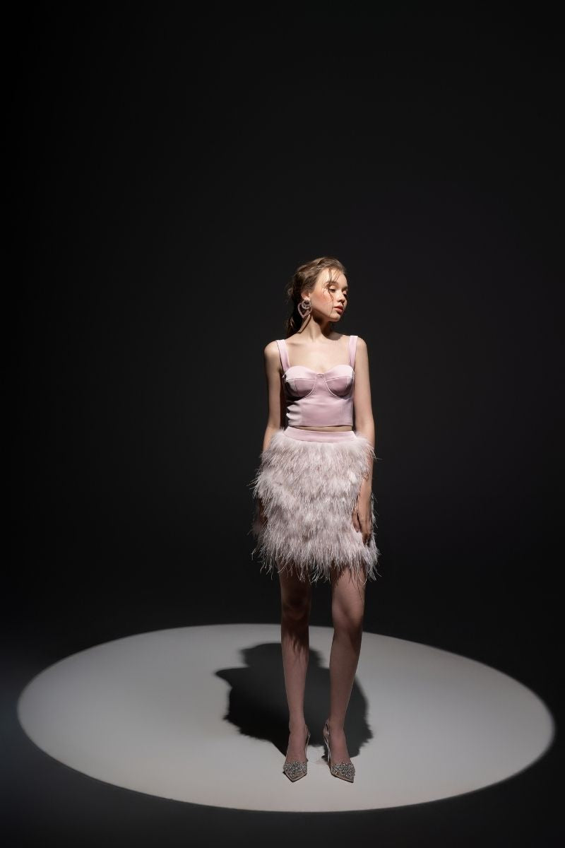 Baby pink Kiera taffeta feather blazer set by 21Six, featuring a stylish co-ord with feather details and tailored fit.