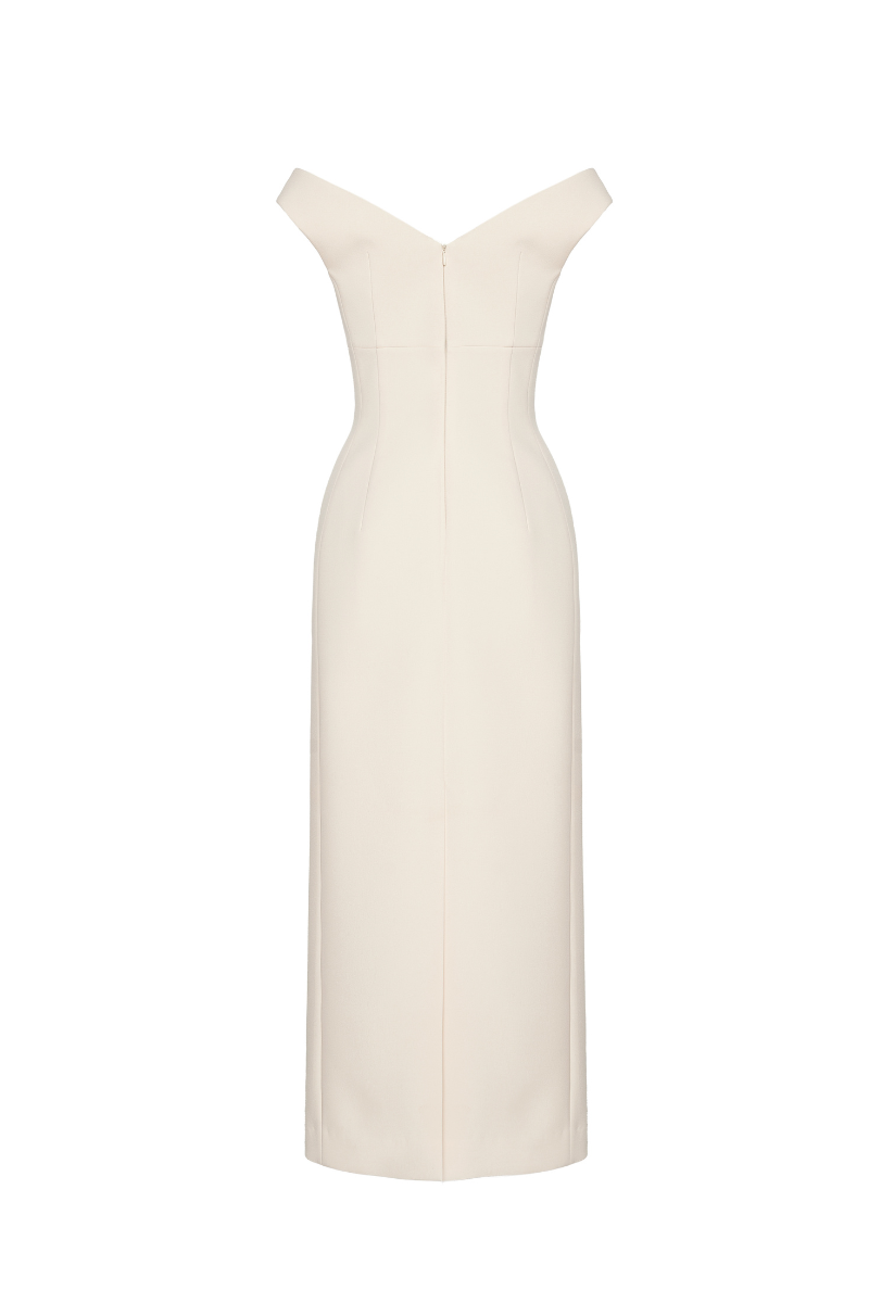 Maison Des Copains cream Ismera sheath off-shoulder crepe midi dress, calf length with a fitted silhouette and elegant design.