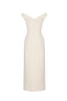 Maison Des Copains cream Ismera sheath off-shoulder crepe midi dress, calf length with elegant off-shoulder design and fitted silhouette.