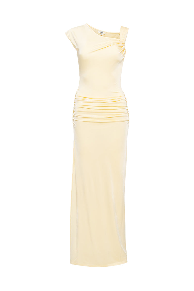 SEREN ONE-SHOULDER RUCHED DRESS IN BUTTER YELLOW