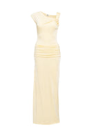SÉLONE Seren one-shoulder ruched maxi dress in butter yellow, flowing fabric, elegant design, ideal for summer or special occasions.