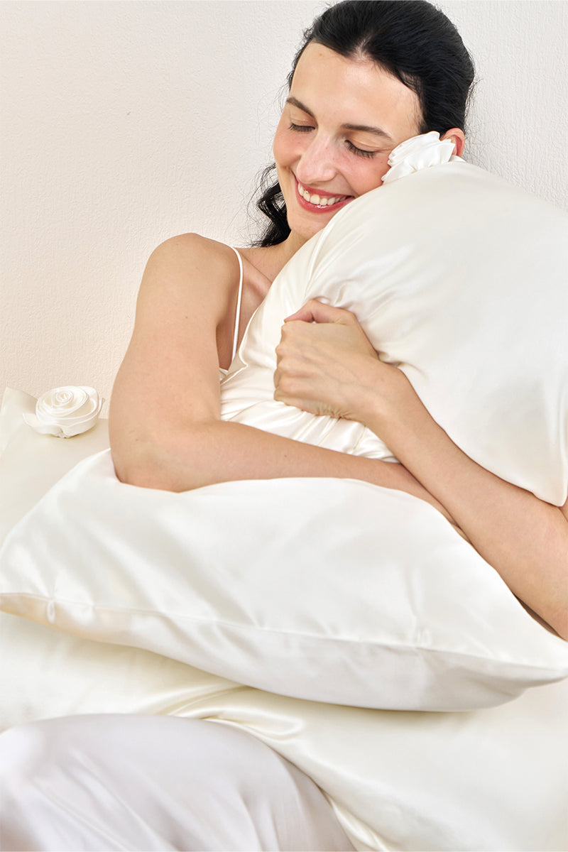 White Tuscan Rose silk pillowcase by Not Just Pajama, showcasing smooth, luxurious silk fabric and elegant design for home decor.