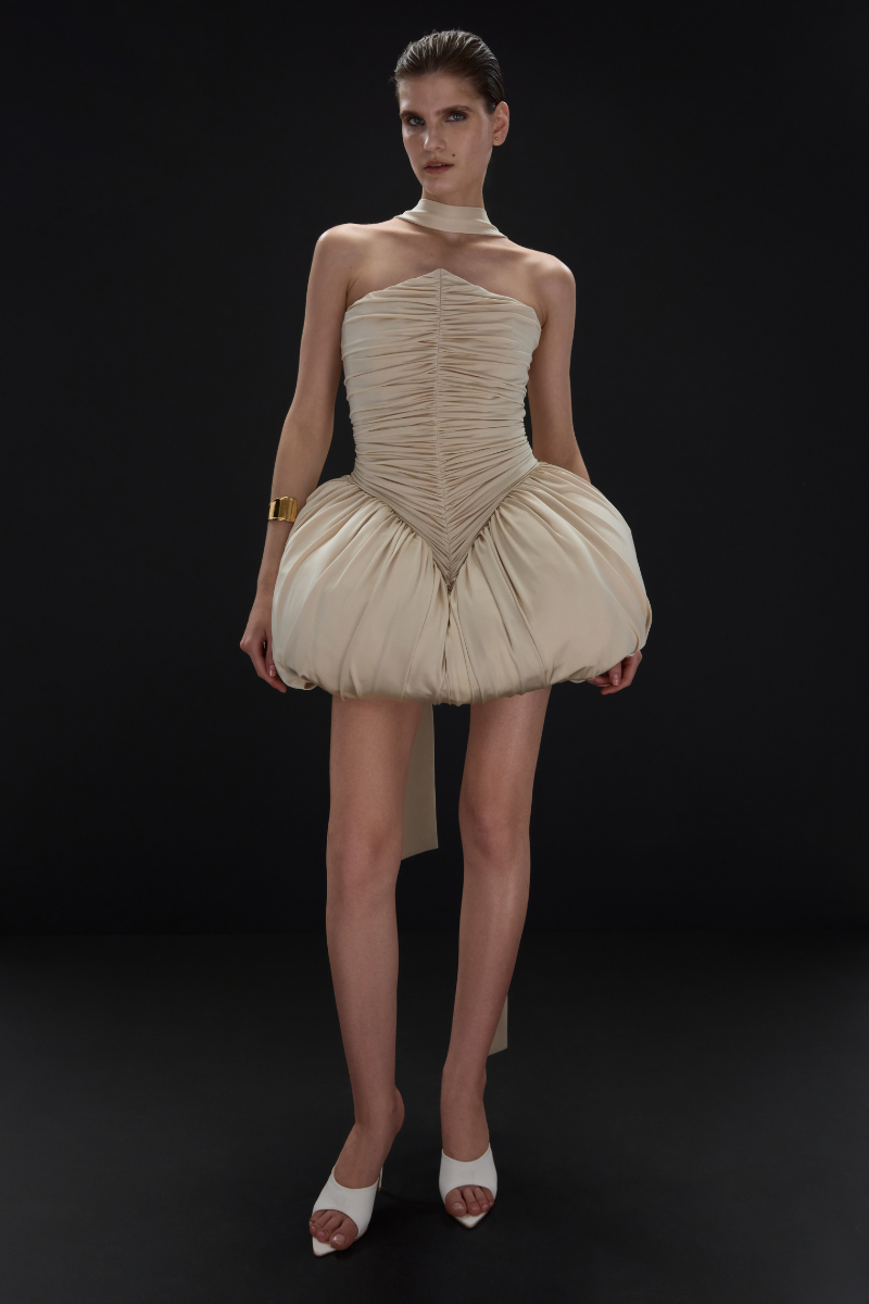 STRETCH MINI DRESS IN BEIGE