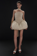 Beige Clara mini dress by Balykina featuring a fitted silhouette and stylish design, shown on a model.