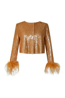 Rayane Bacha Astra Sequin Feather Vest jacket featuring shimmering sequins and feather details, stylishly displayed on a hanger.